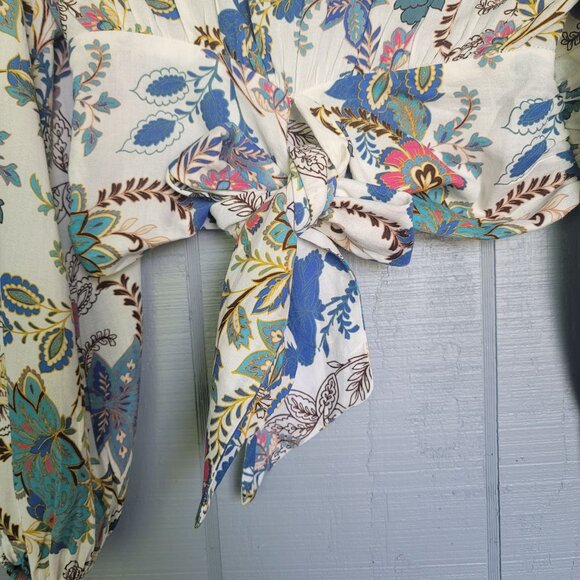 Zara Floral Print Long Puffed Balloon Sleeve  Tie Front Cropped Blouse . Size S - Picture 3 of 8